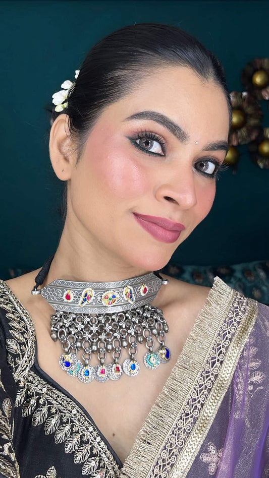 "Collar" Silver Look Alike Kundan Choker