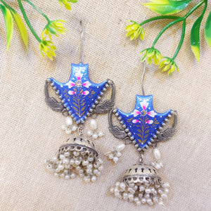 Printed blue Jhumka Earring with white pearl beads Printed blue Jhumka Earring with white pearl beads