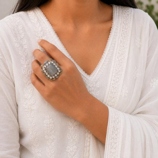 "Cubist Charm" Silver Look Alike Dual Tone Ring