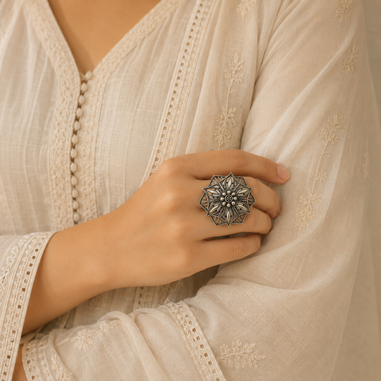 “Achal” Vintage Dark Tone Oxidised Floral Ring