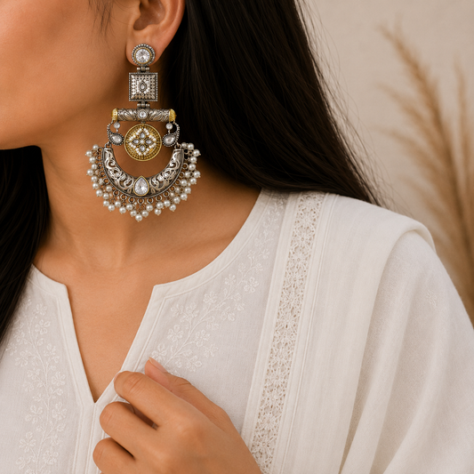 "Chand" Silver Look Alike Dual Tone Earrings