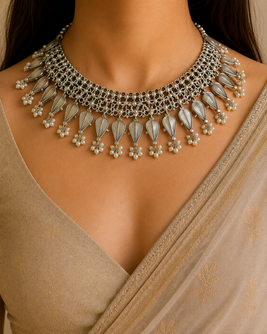 "Rivayat" silver look alike Choker Set For Navratri