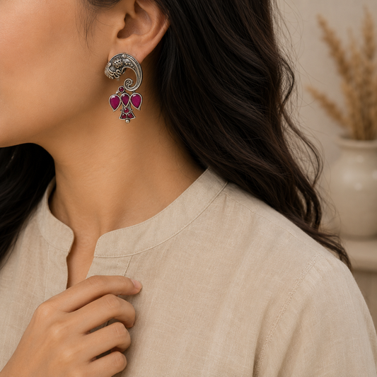 Paisley Oxidised Silver Earrings for Women