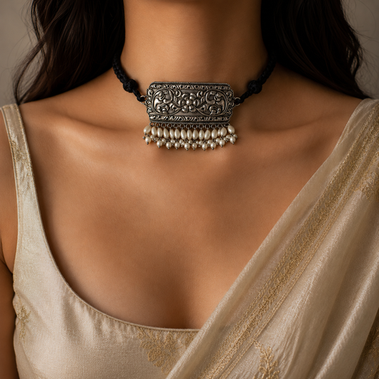 "Thread" Silver Look Alike Oxidized Choker Set