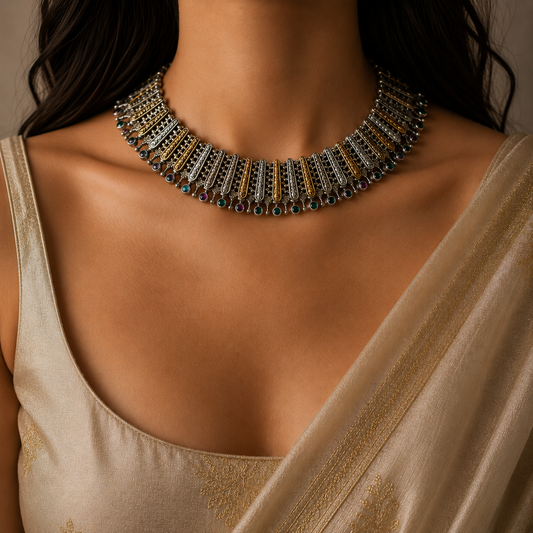 Sirtara Dual Tone Pearl Choker Necklace with Jhumka