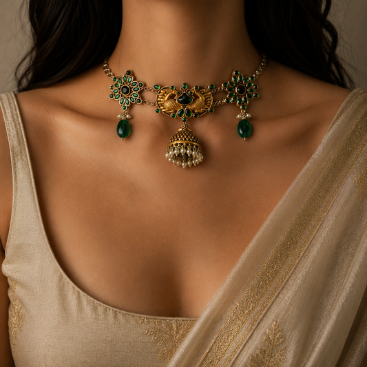Silken Multicolour Stone Pearl Jhumka Choker With Earrings