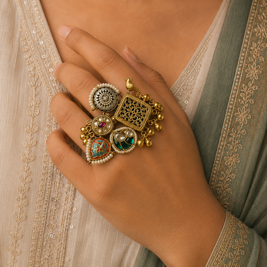 Rolt Silver Look Alike Gold Ring for Women | Navratri Ethnic Adjustable Finger Ring