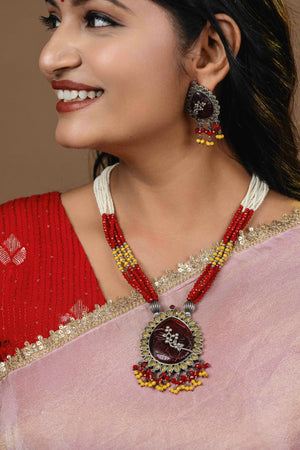 oxidised necklace with red and white beads oxidised necklace with red and white beads