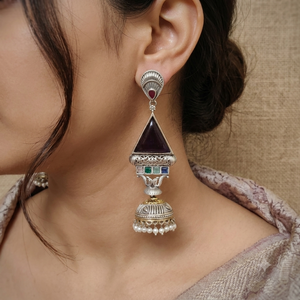 Trinaz Dual Tone Stone Earrings With Jhumka Trinaz Dual Tone Stone Earrings With Jhumka