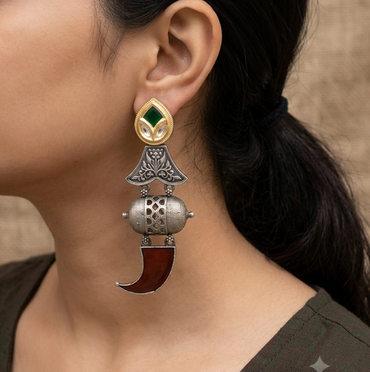 "Kitar" Silver Look Alike Dual Tone Earrings