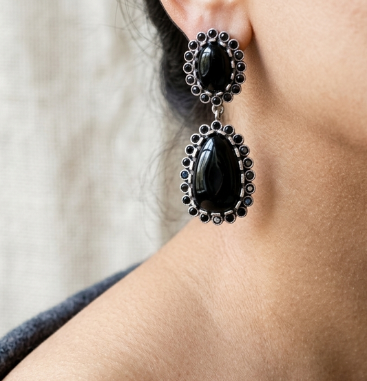 Star Black Stone Layered Oxidised Earrings