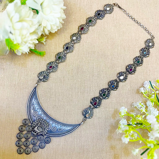 "Peacock Studded" Long Silver Look Alike Oxidised Necklace