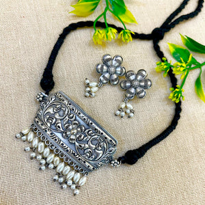 silver look alike oxidized choker with bead embellishments silver look alike oxidized choker with bead embellishments