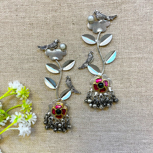 oxidized earrings with floral design and bird motifs oxidized earrings with floral design and bird motifs