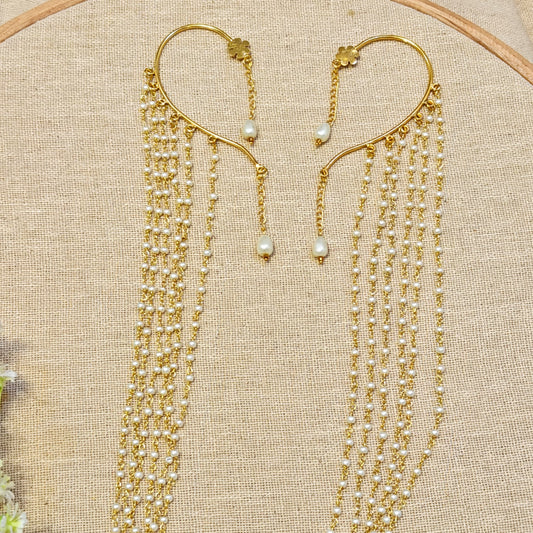 "Oak" Silver Look Alike Golden Pearl Earcuffs