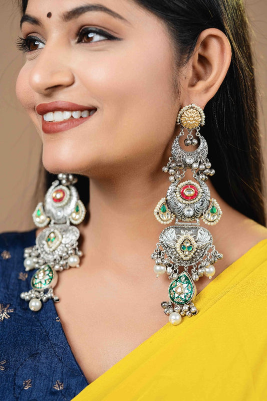 Ethnic silver long statment earring