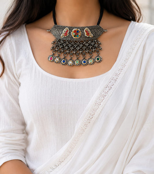 "Rusty" Silver Look Alike Kundan Oxidized Choker