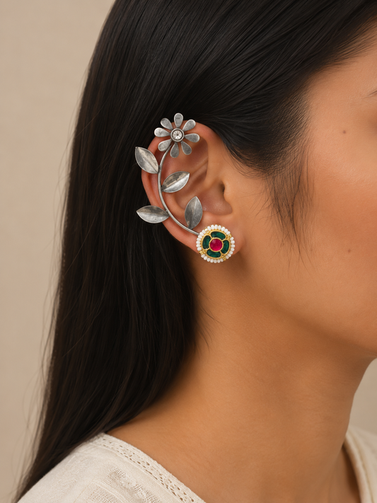 "Moonlit" Silver Look Alike Kundan Studded Earcuffs