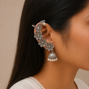 Verite Navratri Silver Oxidised Ear Cuffs With Jhumka Verite Navratri Silver Oxidised Ear Cuffs With Jhumka