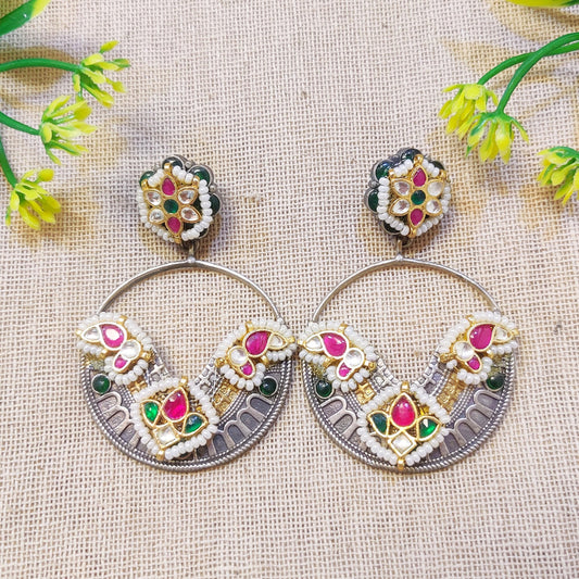 "Earlette" Silver Look Alike Kundan Studded Earrings