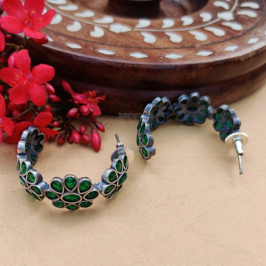 Stylish Flower Pattern Silver Look Alike Oxidised Hoops