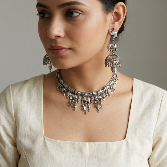 "Solis"Silver Look Alike Oxidized  Necklace