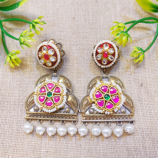 "Palatial" Silver Look Alike Kundan Studded Earrings