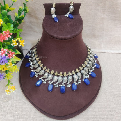 oxidised choker necklace with blue stone