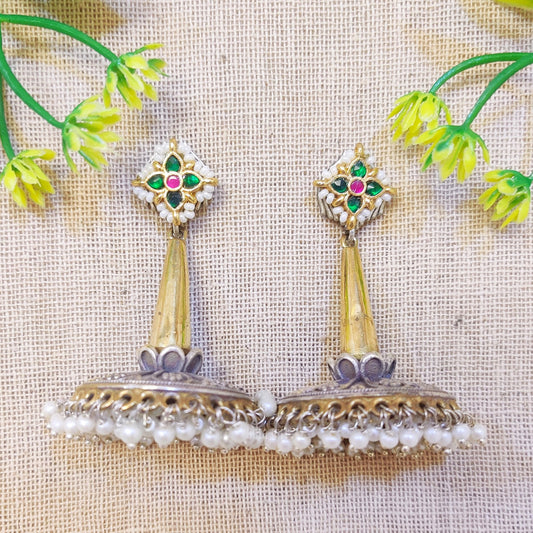 "Kanika" Silver Look Alike Oxidized Kundan Studded Earrings