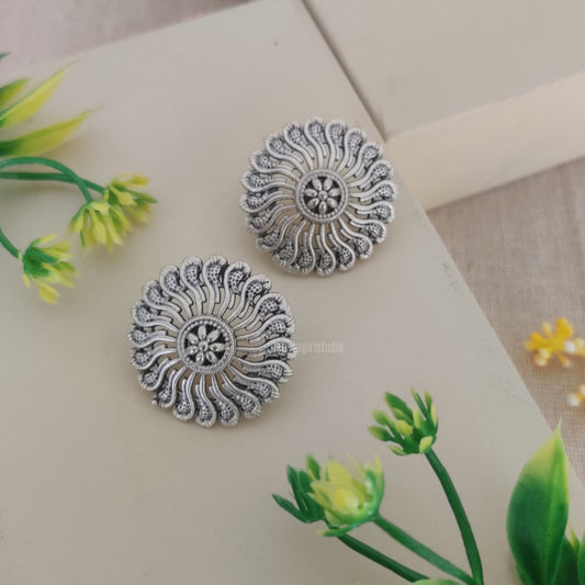 “Floral” Round Shaped Silver Look Alike Stud