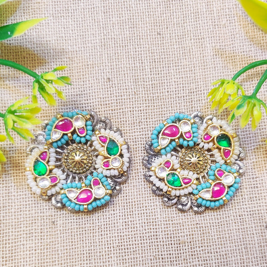 "Dueti" Silver Look Alike Kundan Studs