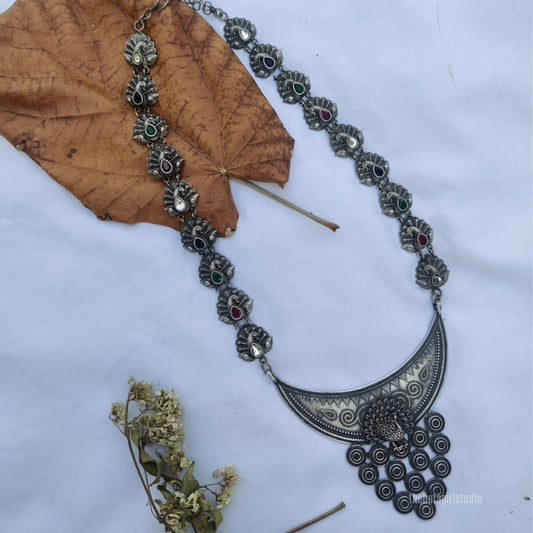 "Peacock Studded" Long Silver Look Alike Oxidised Necklace