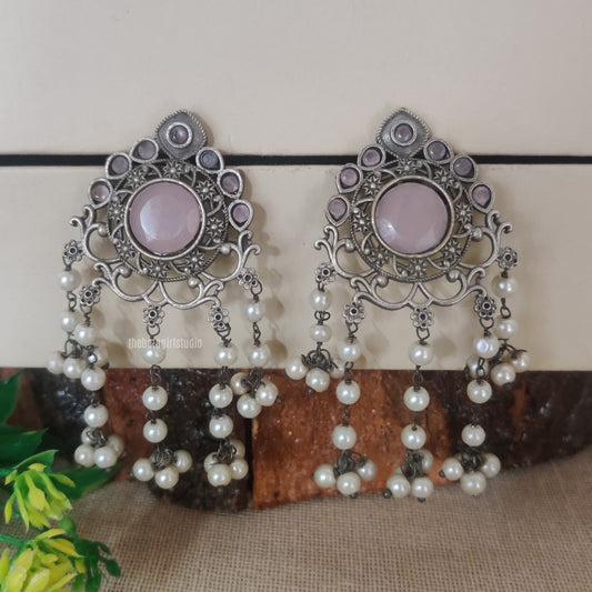 Layered Pearl Silver Look Alike Oxidised Earring