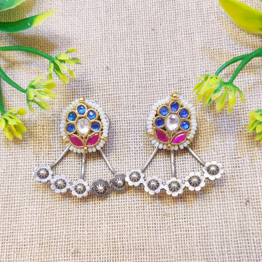 "Tram" Silver Look Alike Kundan Studded Earrings