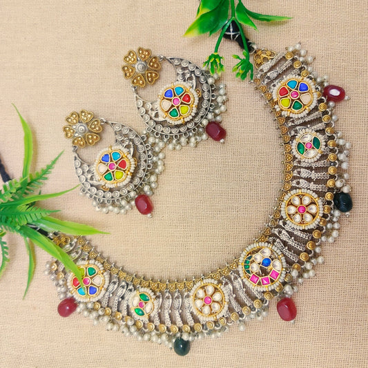 "Mughal" Silver Look Alike Kundan Studded Necklace