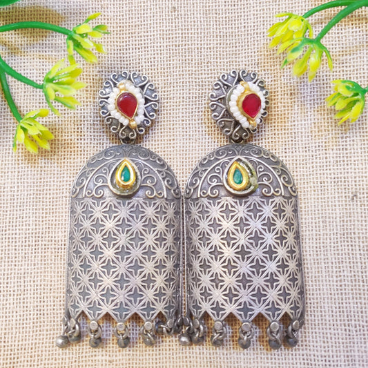 "Kazan" Silver Look Alike Kundan Earrings