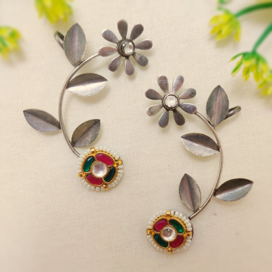 "Moonlit" Silver Look Alike Kundan Studded Earcuffs