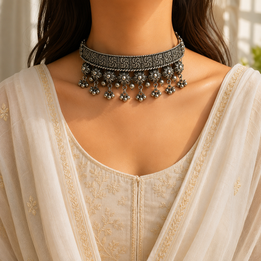 "cierce" Silver Look Alike Navratri Hasli Choker