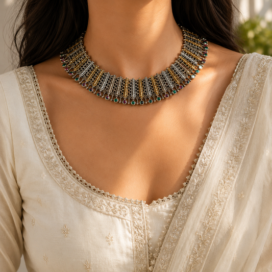 Sirtara Dual Tone Pearl Choker Necklace with Jhumka