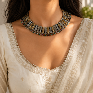 Sirtara Dual Tone Pearl Choker Necklace with Jhumka