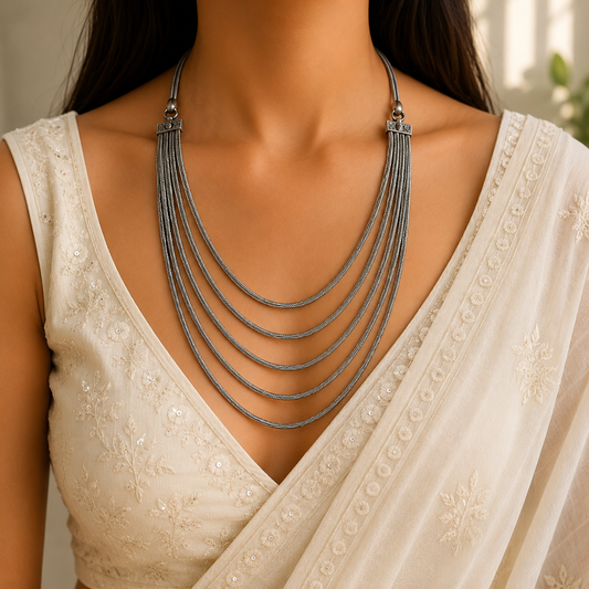 Oxori Silver Look Alike Oxidised Layered Chain Necklace