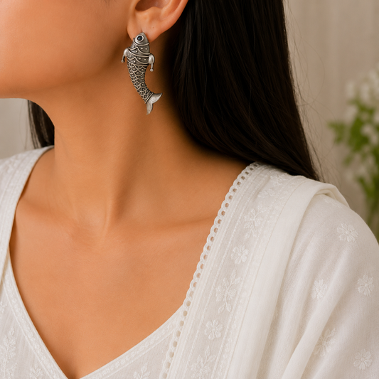 "Fish" Silver Look Alike Oxidised Earrings