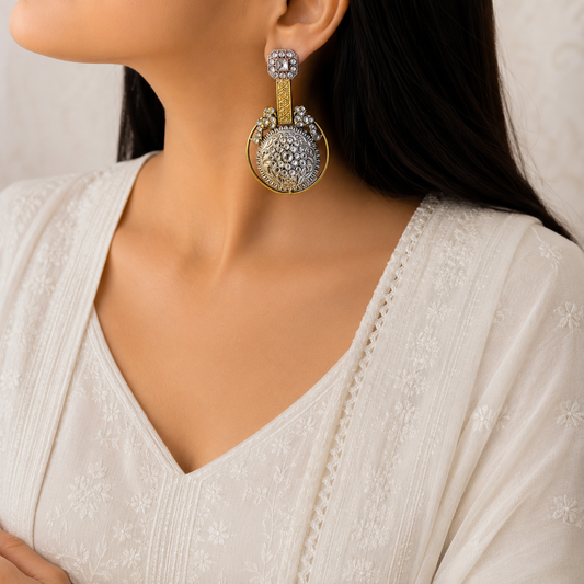 "Diamond" Silver Look Alike Dual Tone Stone Earringl