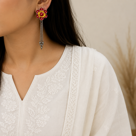 Soleil Oxidized Printed Drop Earrings For Women