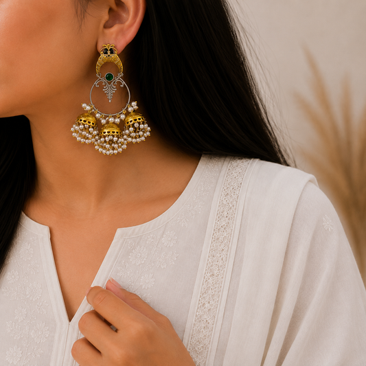 "Daisy" Silver Look Alike Dual Tone Jhumka Earrings