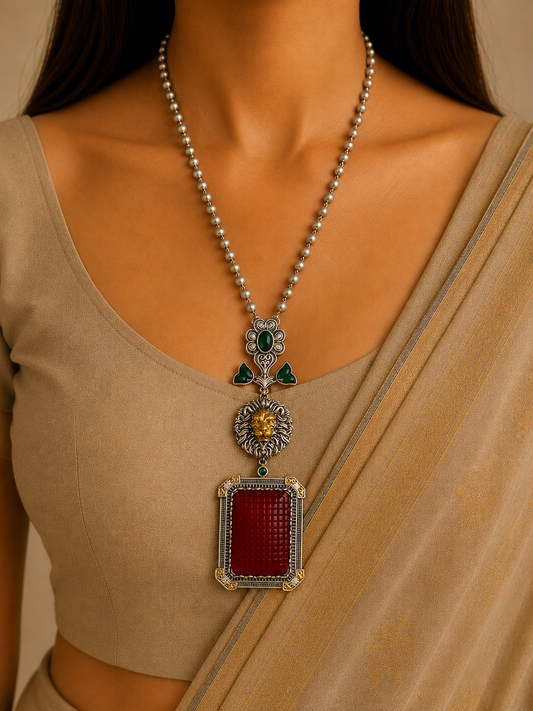 Dustwoven Oxidized Silver Necklace with Red Stone