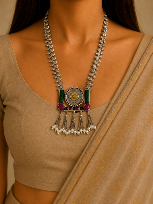 Solara Silver Look Alike Oxidized Long Necklace
