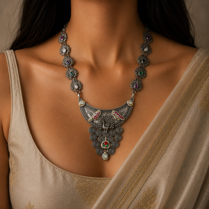 "Celeste" Silver Toned Brass Kundan Necklace
