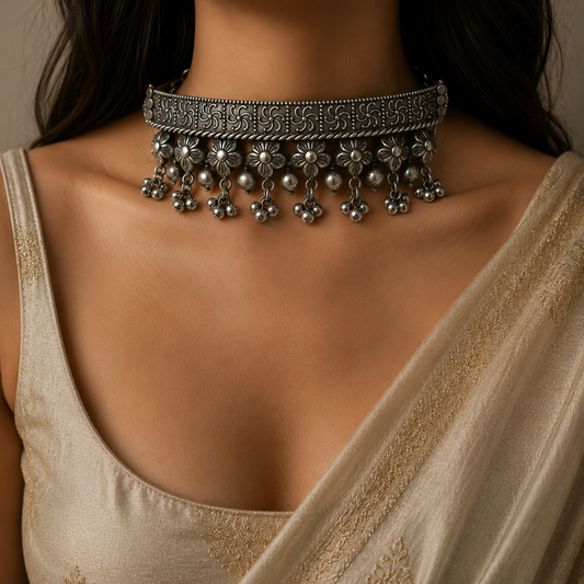 "cierce" Silver Look Alike Navratri Hasli Choker