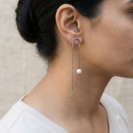 Shear Long Drop Earrings With Pearls